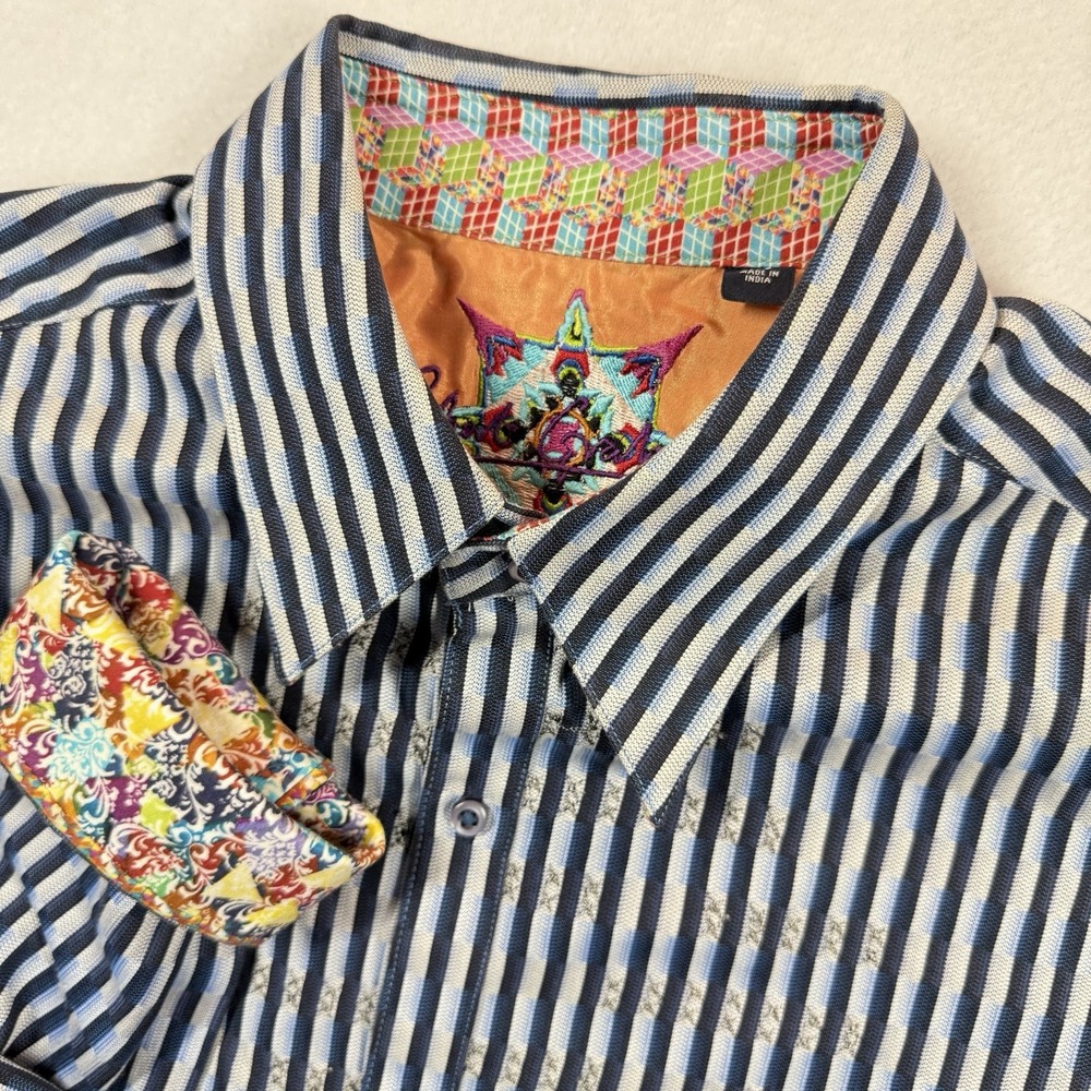Robert Graham Shirt‎ Mens Large Blue White Stripe Flip Cuff Rubix Cube Collar